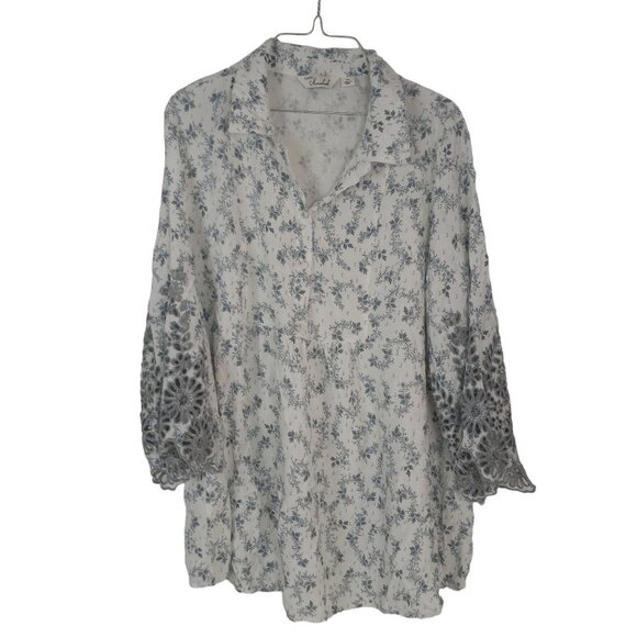 Caffe Marrakesh Boho Peasant Floral Blouse with Lace Accent Sleeves - Picture 1 of 8